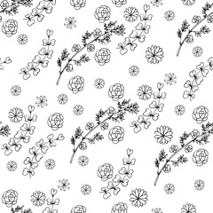 Hand drawn floral seamless pattern. Black and white vector doodles background. Branches, leaves, flowers.