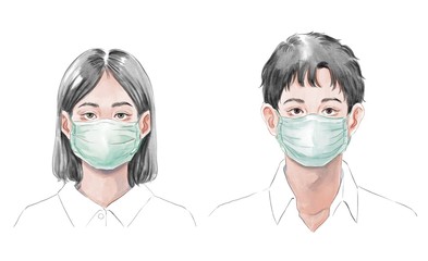 Illustration of young man and woman wearing medical mask, protection face mask, white background, coronavirus and allergy concept.