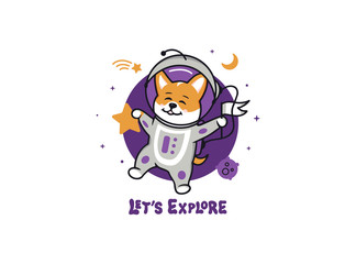 A little astronaut dog corgi, space logo with text. Funny cartoon character