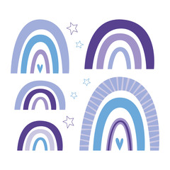 Cute nursery rainbow, stars, scandinavian fun print. Pastel purple colours. Creative scandinavian kids texture for poster, fabric, wrapping, textile, wallpaper, apparel. Vector flat illustration