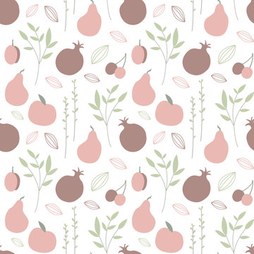 Cute seamless pattern with fruits, leaves, fun print. Pastel mono colours. Creative gentle kids texture for fabric, wrapping, textile, wallpaper, apparel. Vector flat illustration