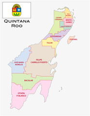 Fototapeta premium Quintana Roo, administrative and political vector map with flag, mexico