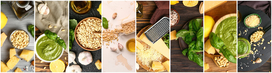 Collage of photos with pesto sauce and ingredients