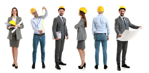 Obraz premium Different engineers on white background