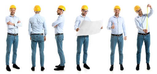 Collage with male engineer on white background