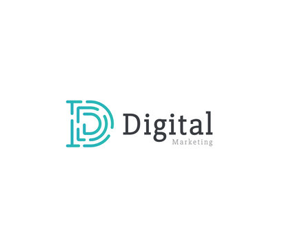 Digital Marketing Monogram, Dashes Letter D. Linear Logo Template, Flat Abstract Emblem. Concept Logotype Design For Business, Data Base, Digital Marketing. Vector Logo.