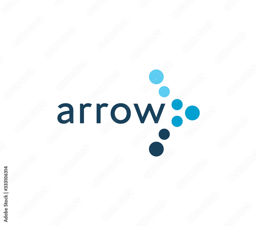 Poster abstract arrow icon, next, blue circles button. flat unusual right arrow. dotted vector logo and sig