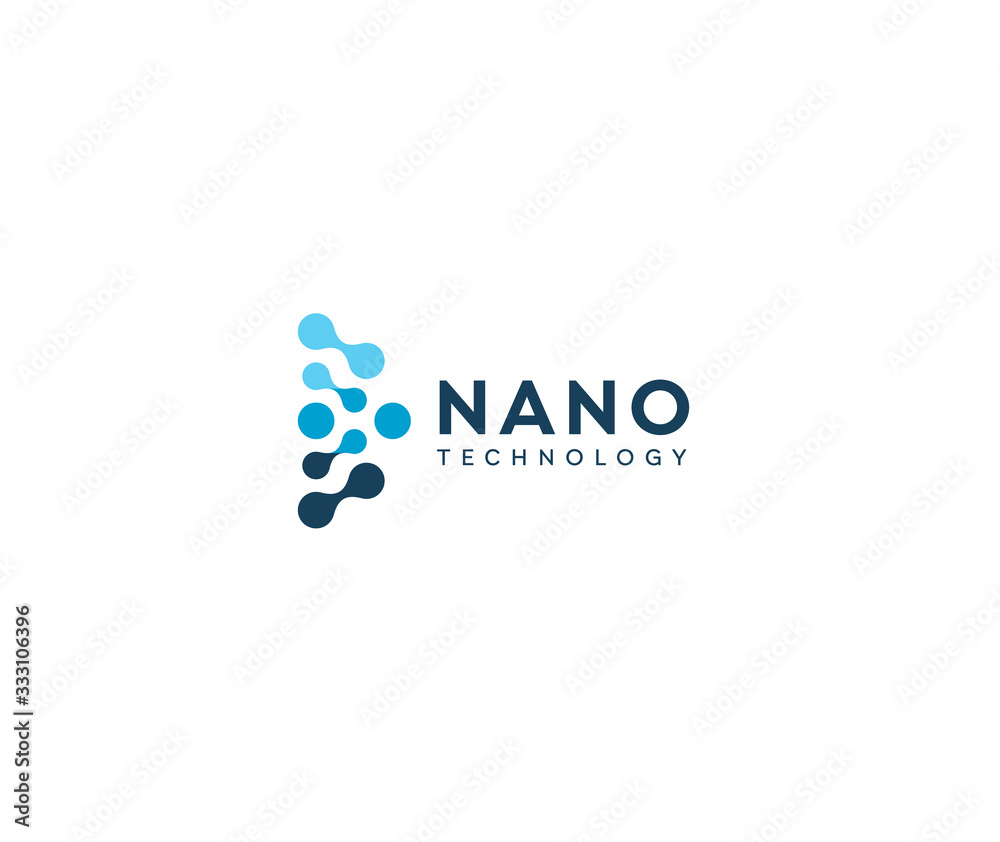 Poster abstract nano icon, blue circles in semicircle. dotted logo template, flat abstract emblem. concept 
