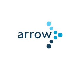 Abstract arrow icon, next, blue circles button. Flat unusual right arrow. Dotted vector logo and sign of delivery and transportation business.