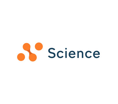 Abstract science icon, orange circles, dotted logo template. Minimal emblem concept for laboratory, research and diagnostic center. Vector logo.