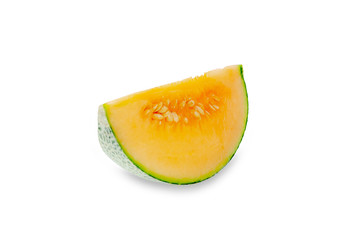 slice of Japanese Kimoji melons, orange melon or cantaloupe melon with seeds isolated on white background