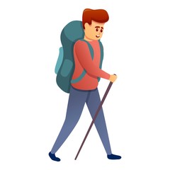 Fototapeta premium Walking tourist backpack icon. Cartoon of walking tourist backpack vector icon for web design isolated on white background