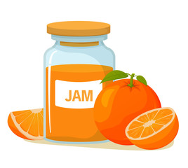 Glass jar with orange jam. Ripe tropical citrus fruit. Sweet dessert confiture. Realistic vector illustration.