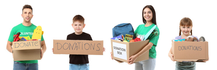 Volunteers and little children with donations on white background