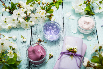 cosmetics, soaps and cherry flowers
