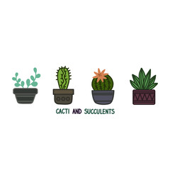 Cactus and succulent plants in pots. Illustration set of hand drawn cacti and succulents growing in cute little pots. Simple cartoon vector style.