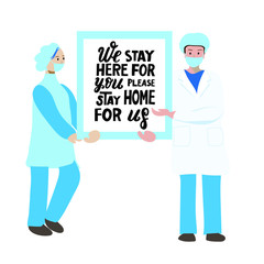 Coronavirus medical flashmob. Doctor and medical nurse wearing face mask hold board 