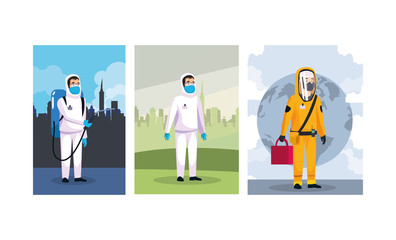 Fototapeta premium biohazard cleaning persons with sprayer characters