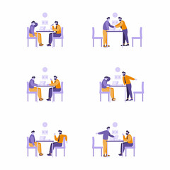 Fototapeta premium Set of illustrations - 2 man sitting at desk in various poses. Argue, chat, negotitations, talk. Meeting between business men. People discussing working issues. Flat character design.