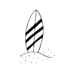 Hand drawn surfboard on the beach. Sketch vector illustration for summer design. Doodle style.