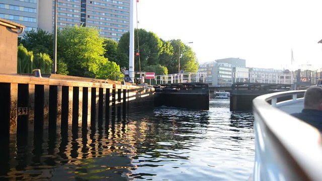 BERLIN GERMANY, MAY 26, 2017 Trip on boat in sunset. River gateway of Spree river