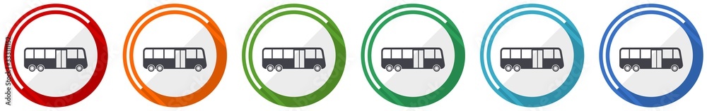 Aufkleber Bus icon set, flat design vector illustration in 6 colors options for webdesign and mobile applications