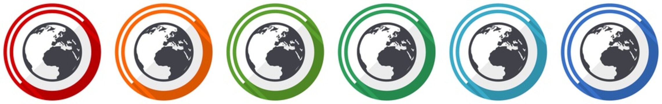 Earth icon set, flat design vector illustration in 6 colors options for webdesign and mobile applications