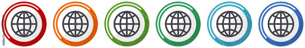Aufkleber Globe icon set, earth, world flat design vector illustration in 6 colors options for webdesign and mobile applications