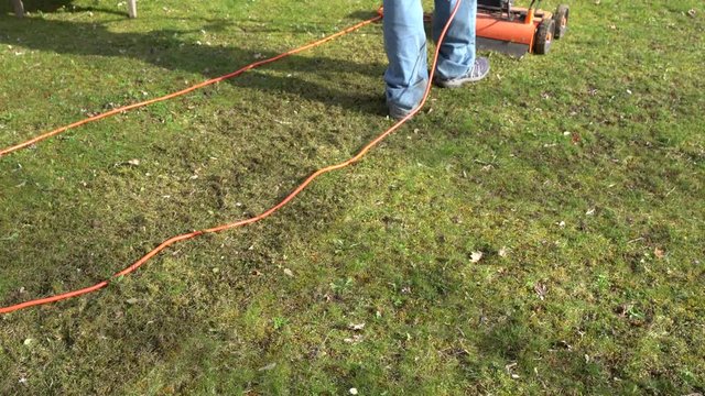 A man using a lawn aerator in the garden