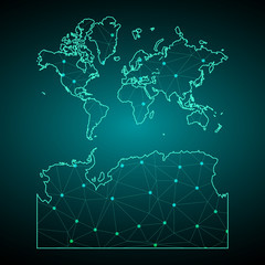 Fototapeta premium Streszczenie siatki i skale punktowe na ciemnym tle z mapą świata z Antarktydą. Siatka druciana, siatka 3D, wielokątna linia sieci, kula projektowa, kropka i struktura.