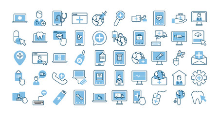 bundle of health online set icons - obrazy, fototapety, plakaty
