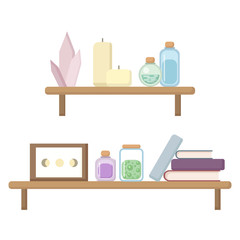 Shelf with boho items. Books, crystals, candles, jars on the shelves modern witchy image. Modern witch workspace in pastel colors flat illustration. Fantasy cozy cartoon interior. Vector illustration
