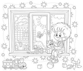Quarantine at home, a little boy wearing a protective mask, playing with a cute small kitten on a windowsill in a nursery room on a beautiful sunny day, black and white vector cartoon illustration