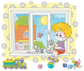 Quarantine at home, a little boy wearing a protective mask, playing with a cute small kitten on a windowsill in a nursery room on a beautiful sunny day, vector cartoon illustration