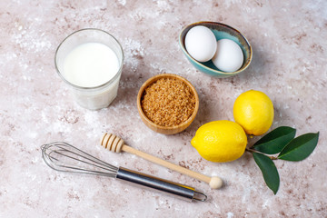 Cupcake baking background with kitchen utensils.