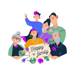 Happy family. Flat vector illustrations of families, parents with children and grandparents. Cartoon vector illustration on white background. 