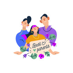 Best parents. Happy Family. Flat cartoon vector illustration on white background.  