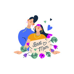 Vector cartoon style illustration of happy mother hugging daughter. Mother's day greeting card template on white background. Best mom text.