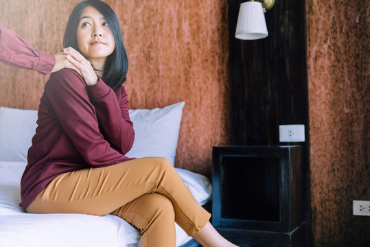 Man giving hand to depressed asian woman,Suicide prevention,Mental health care concept