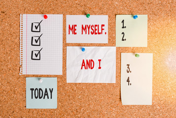 Conceptual hand writing showing Me Myself And I. Concept meaning used by speaker to refer to...