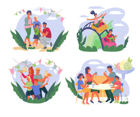 Family walking and having fun in park or at street food festival banners set. Summer leisure and weekend activity. Fair attractions and cafe, entertainment. Flat vector illustration isolated.