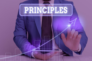 Writing note showing Principles. Business concept for fundamental truth that serves as the base for...
