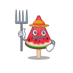 watermelon ice cream in Farmer cartoon character with hat and pitchfork