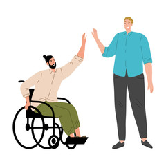 Happy smiling disabled man sitting in a wheelchair and greetings friend with a hand. Vector illustration in flat cartoon style.