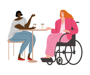Happy smiling disabled girl in pink clothes sitting in a wheelchair with her friend. Vector illustration in flat cartoon style.