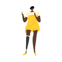 Girl in yellow dress with prosthetic leg eating ice cream. Vector illustration in flat cartoon style.