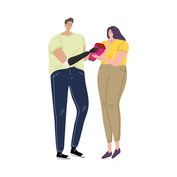 A disabled man with a black prosthetic arm gives a bouquet of flowers to his girlfriend. Vector illustration in flat cartoon style.