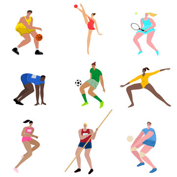 Set of sportsmen doing various kinds of sports activities. Vector illustration in flat cartoon style