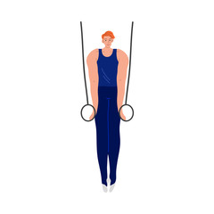 The athlete in a blue uniform makes a difficult exercise on gymnastic rings in the gym. Vector illustration in the flat cartoon style.