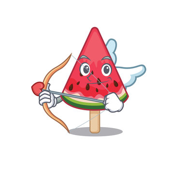 Romantic picture of watermelon ice cream Cupid cartoon character with arrow and wings